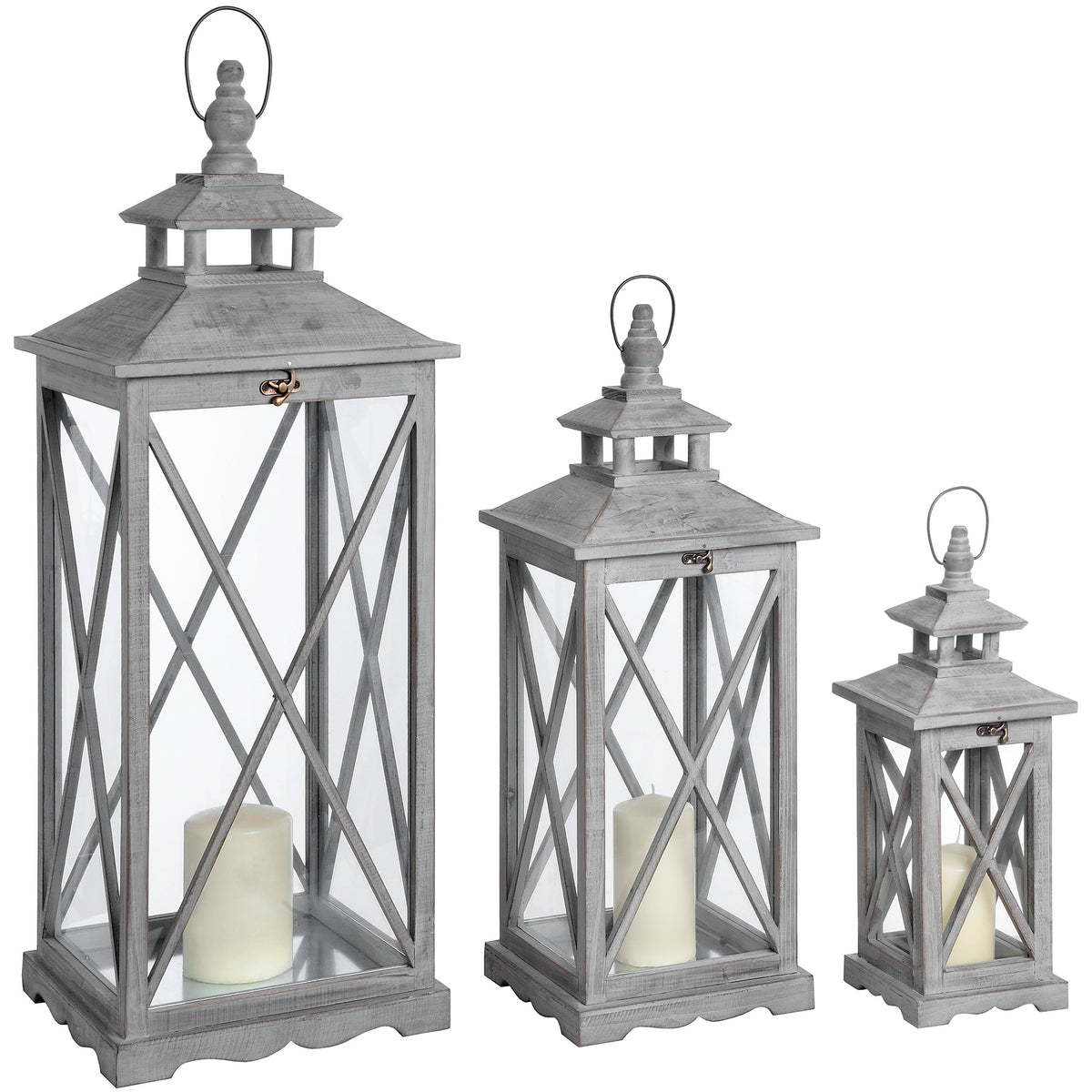 Set Of Three Wooden Lanterns With Traditional Cross Section - image 1