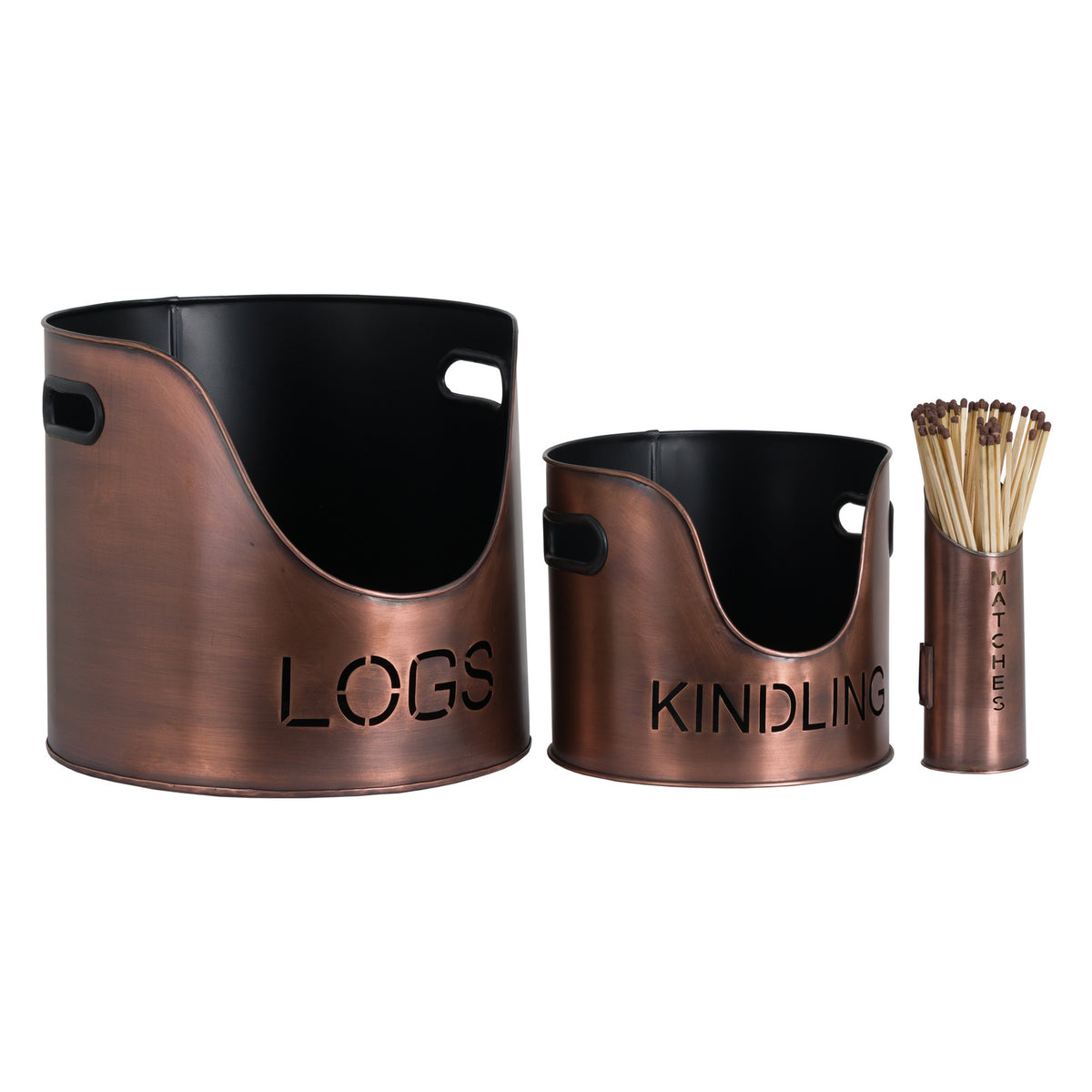 Copper Finish Logs And Kindling Buckets & Matchstick Holder - image 2