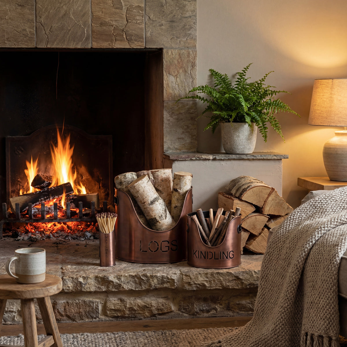 Copper Finish Logs And Kindling Buckets & Matchstick Holder - image 1