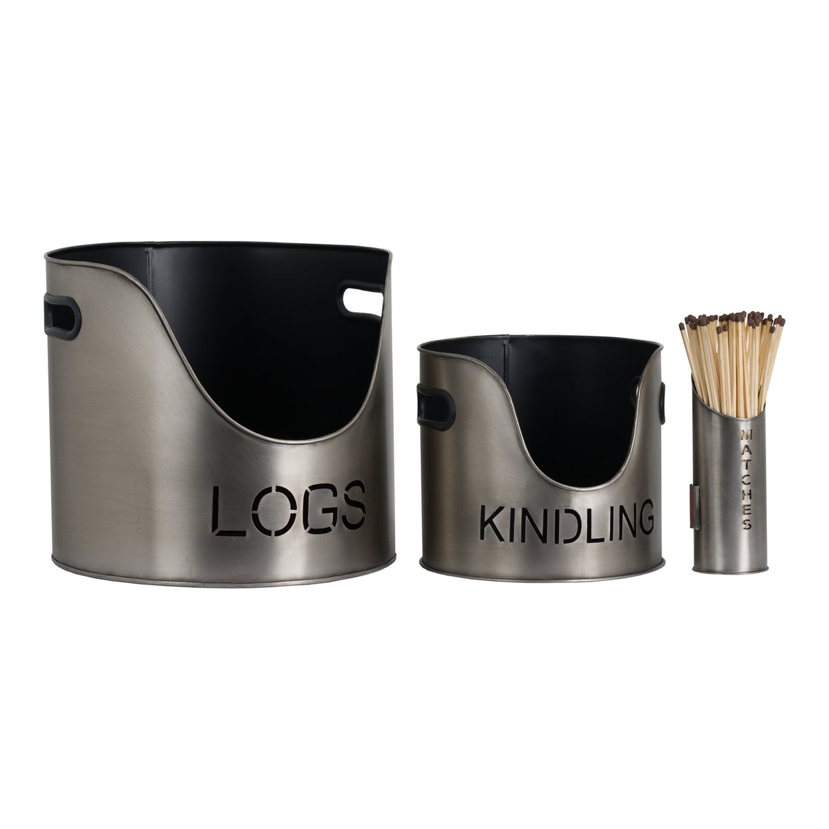 Pewter Finish Logs And Kindling Buckets & Matchstick Holder - image 2