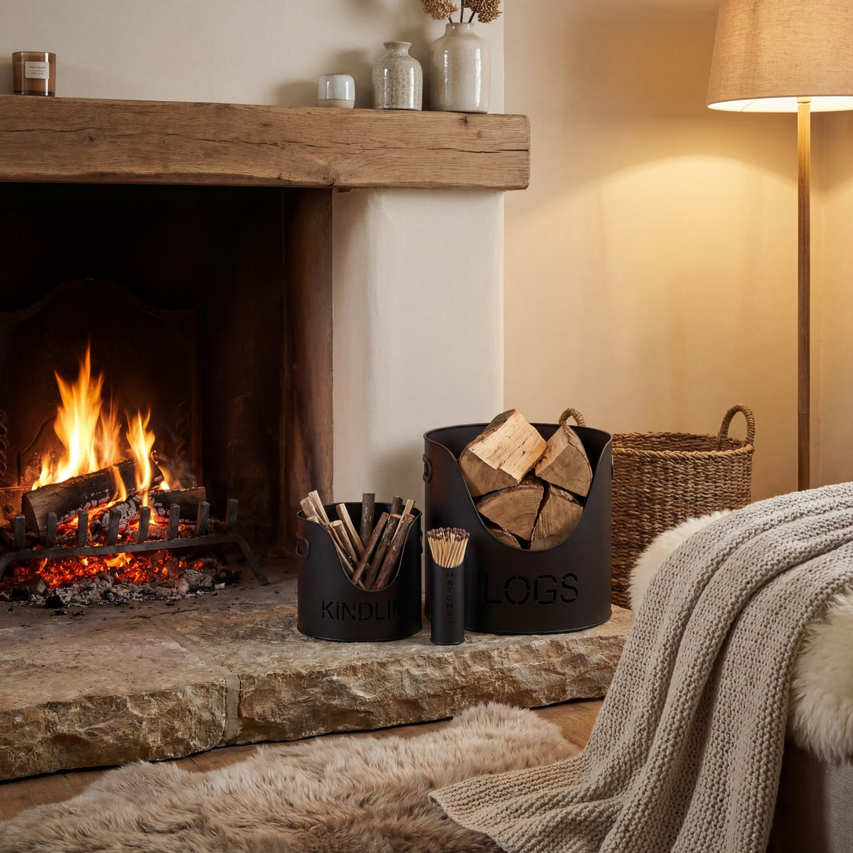 Black Finish Logs And Kindling Buckets & Matchstick Holder - image 1
