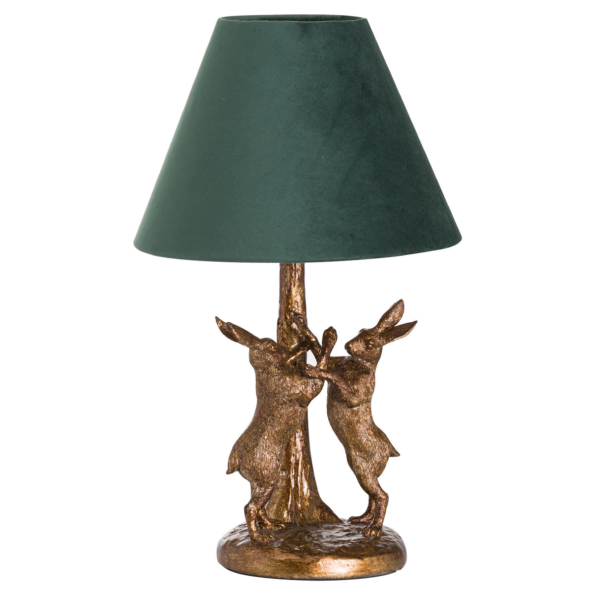 Antique Gold Marching Hares Lamp With Green Velvet Shade - image 2
