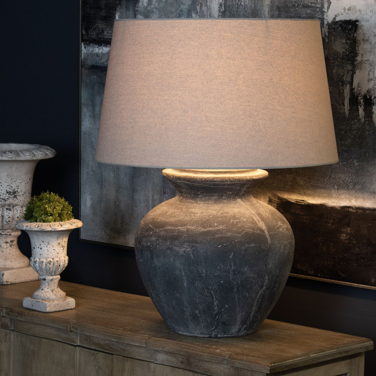 Amalfi Grey Round Table Lamp With Linen Shade - image 1