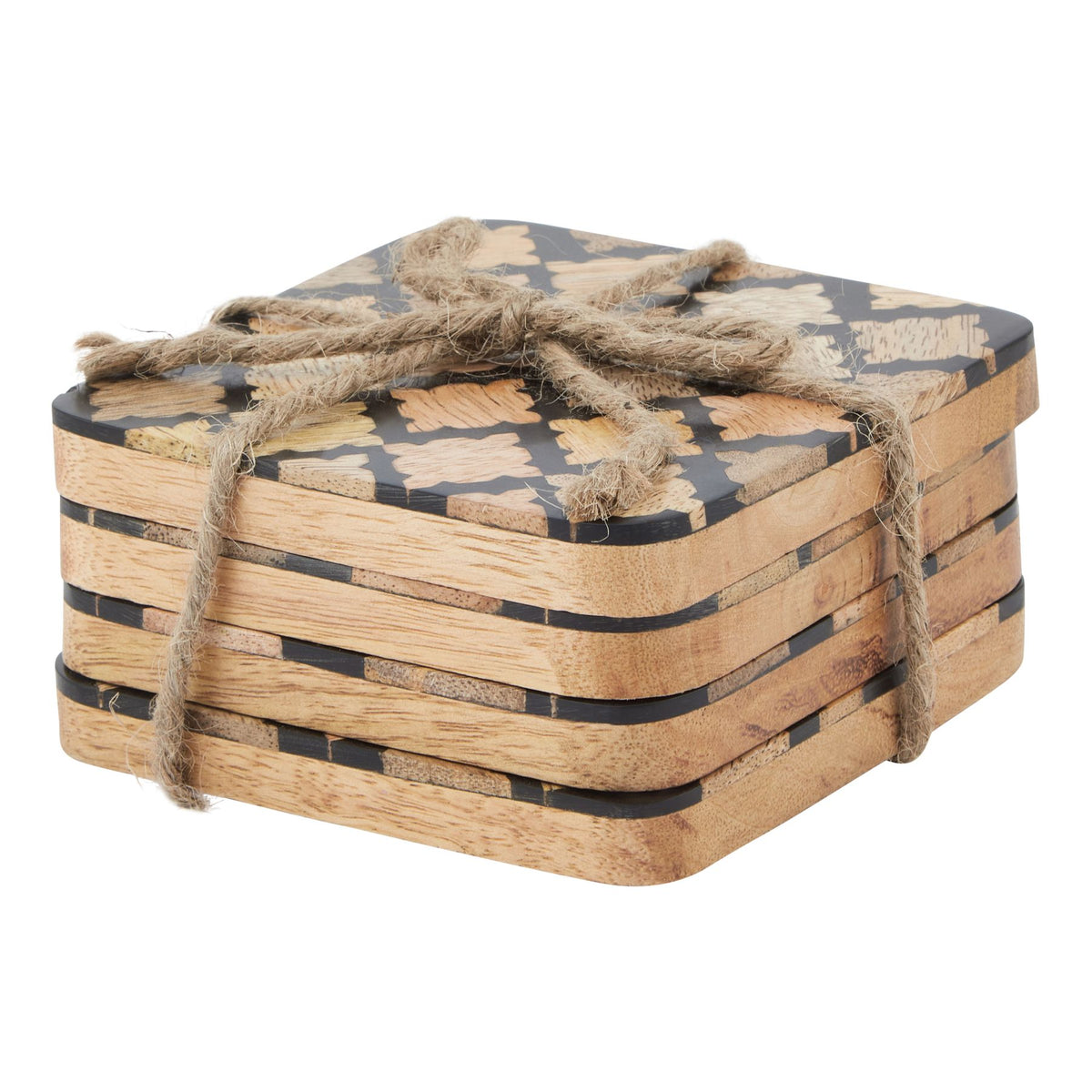 Set Of 4 Wood Effect Black Geometric Coasters - image 1