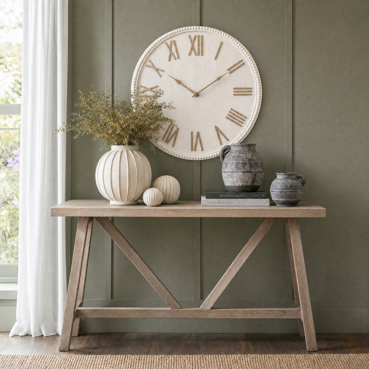 Large Rustic White Clock With Beaded Frame - image 1