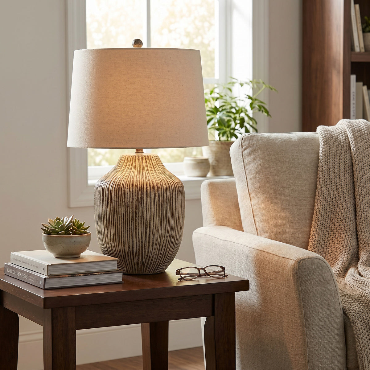 Ochre Carved Textured Table Lamp With Linen Shade - image 1