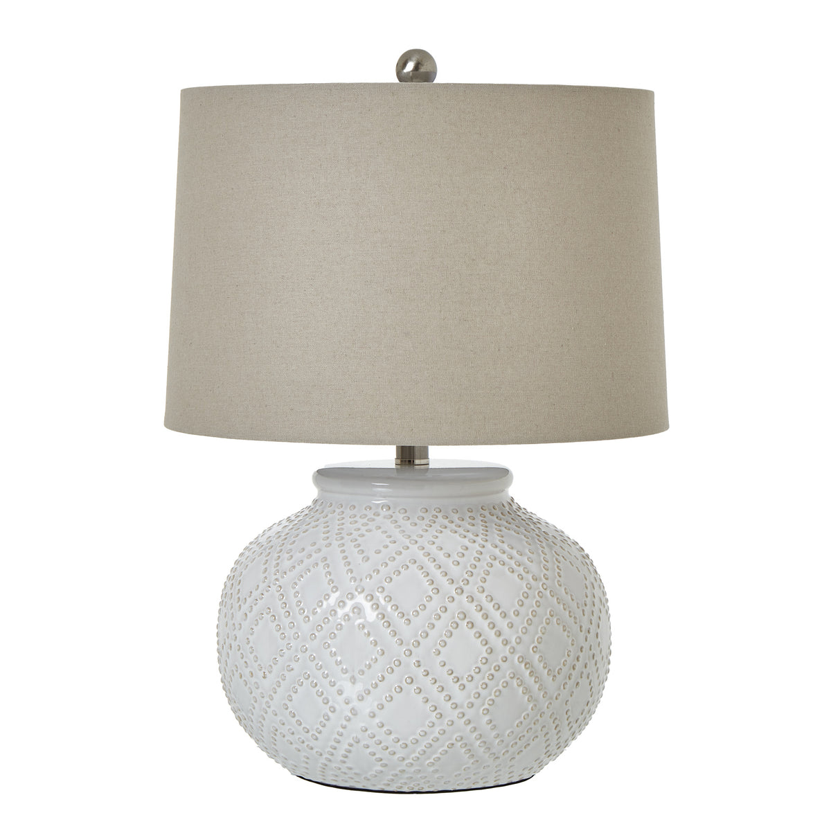 Squat White Beaded Ceramic Lamp With Linen Shade - image 2