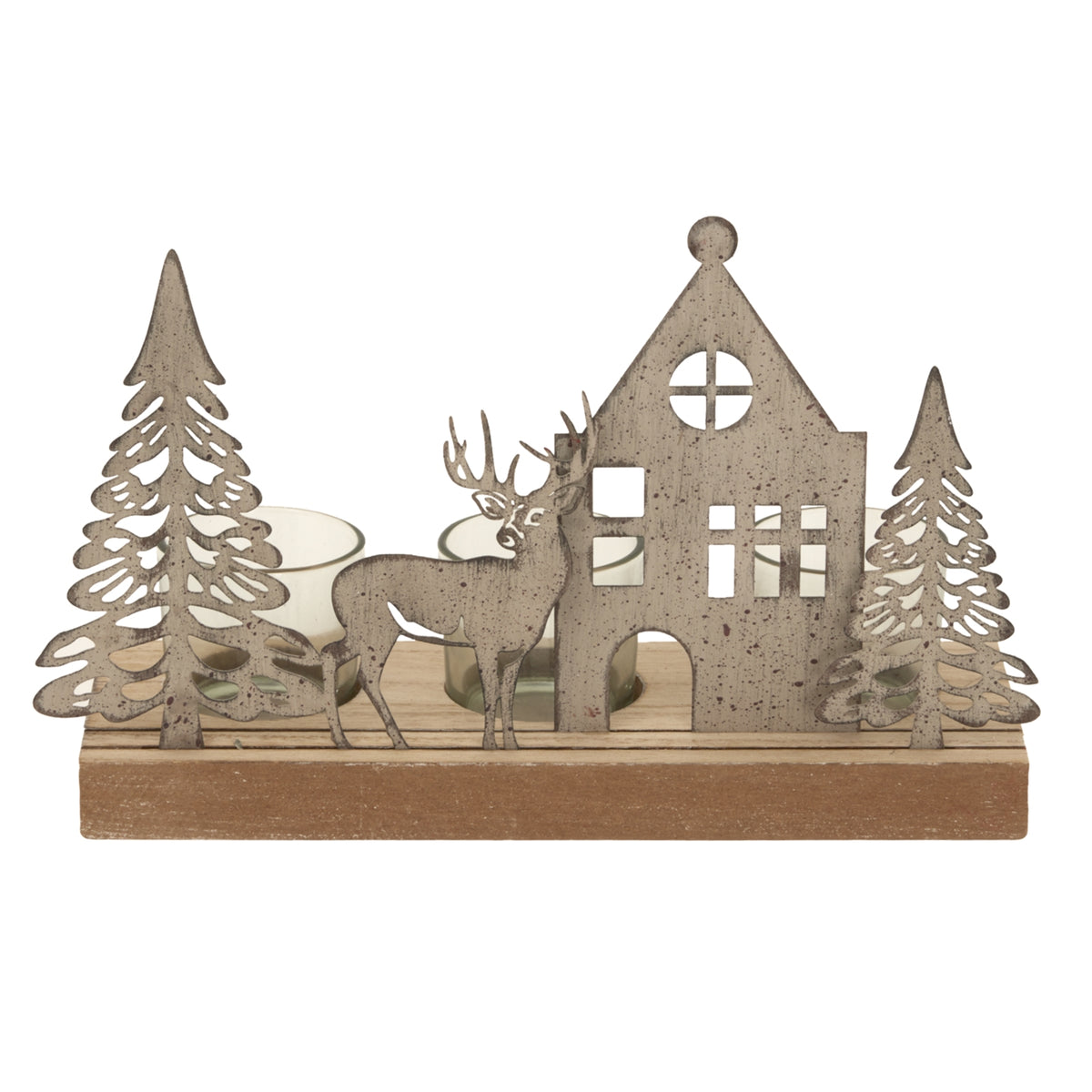 Rustic Metal Scene Tealight On Wood Stand With Glass Votives - image 1