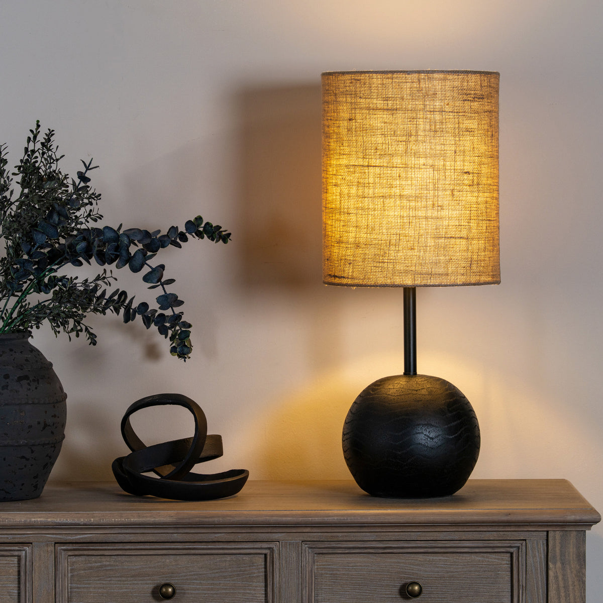Black Cannon Table Lamp With Hessian Shade - image 1