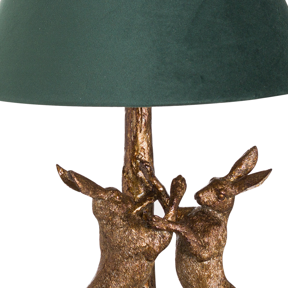 Antique Gold Marching Hares Lamp With Green Velvet Shade - image 3