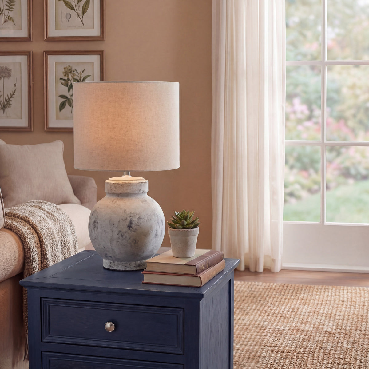 Darcy Antique White Squat Table Lamp With Linen Shade - image 1