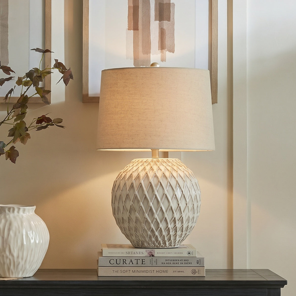 Lattice Ceramic Table Lamp With Linen Shade - image 1