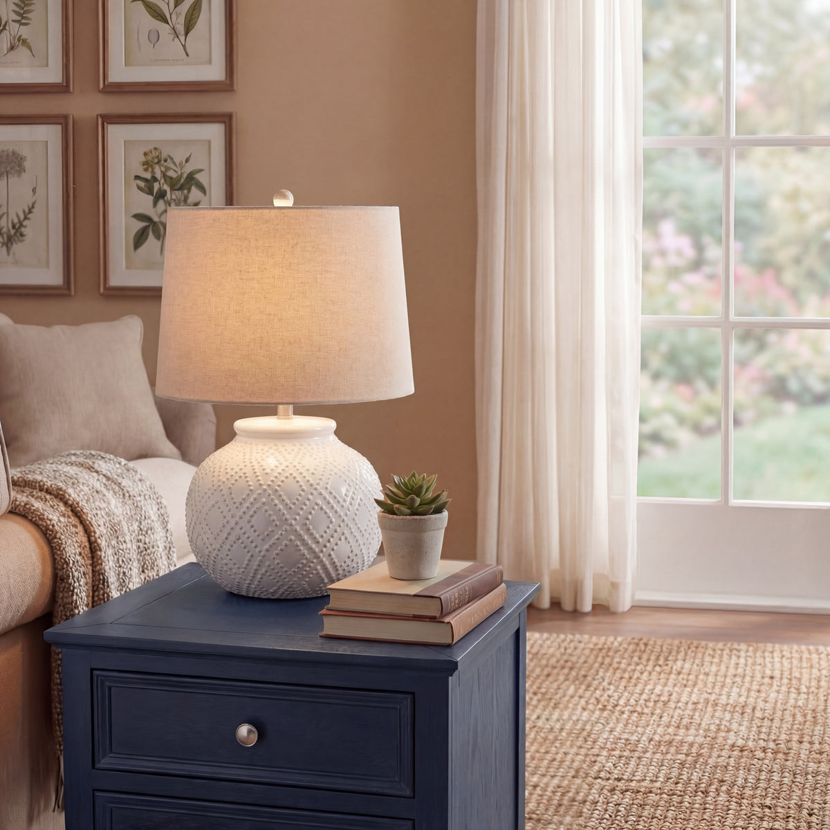 Squat White Beaded Ceramic Lamp With Linen Shade - image 1