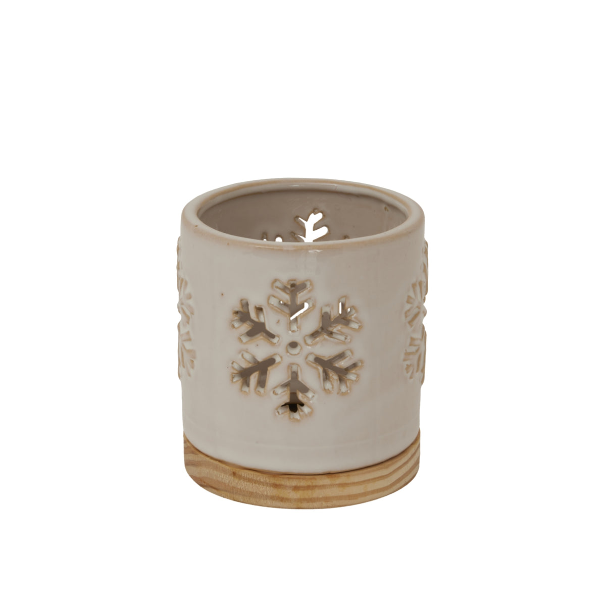 Alora Ceramic Snowflake Candle Holder On Wood Base - image 2