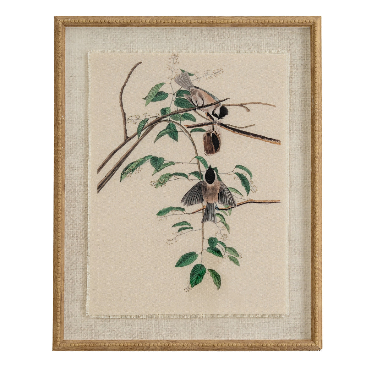 Flora & Fauna Collection Chickadees On Linen In Beaded Frame - image 1