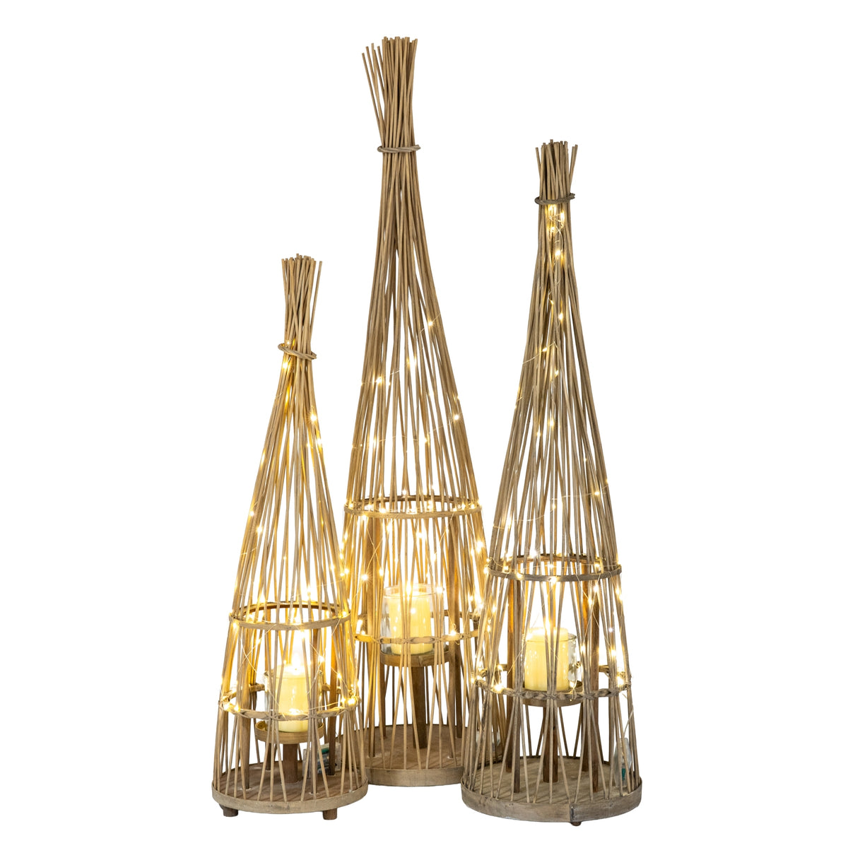 Large Conical Wicker Lantern With Glass Holder & LED Lights - image 3