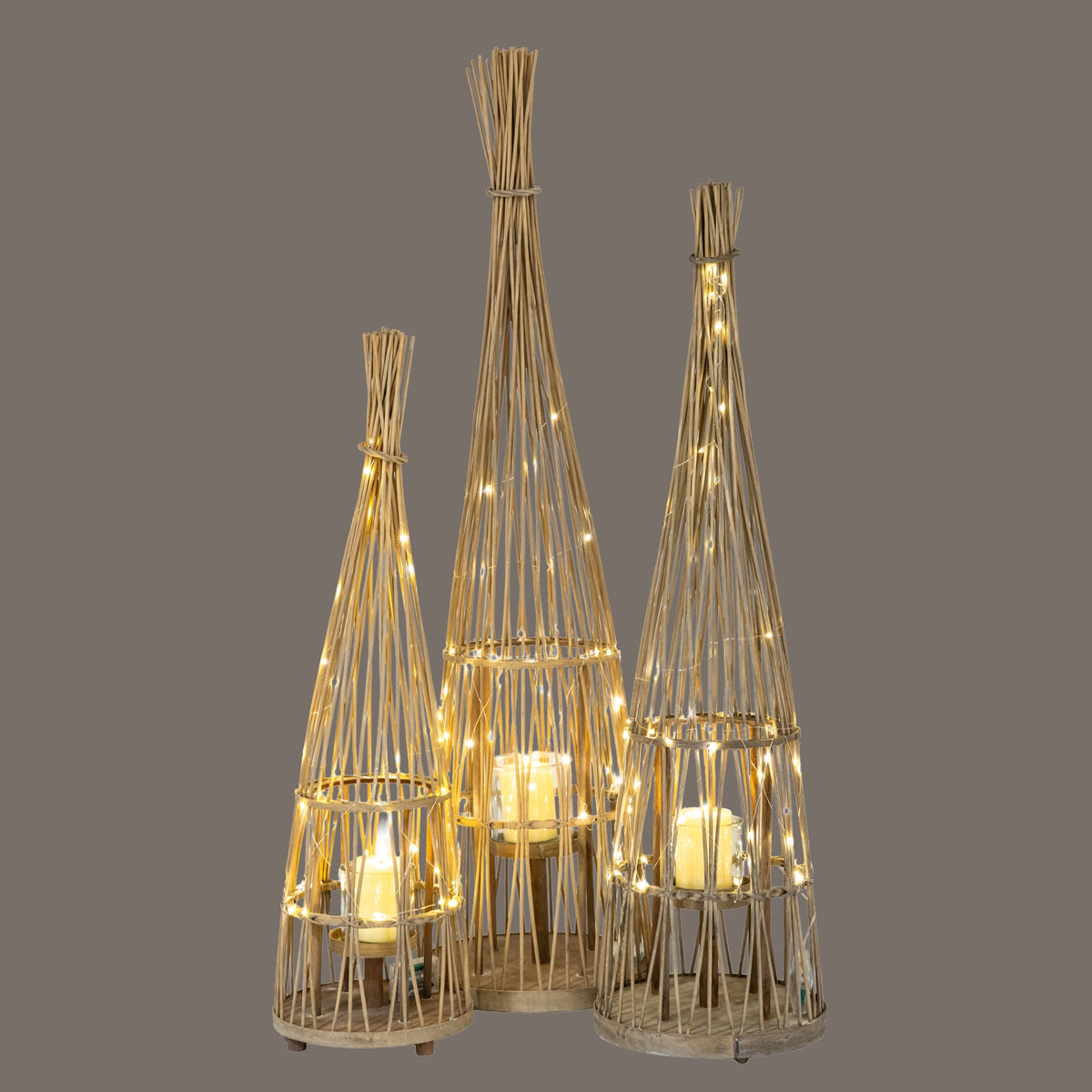 Medium Conical Wicker Lantern With Glass Holder & LED Lights - image 5