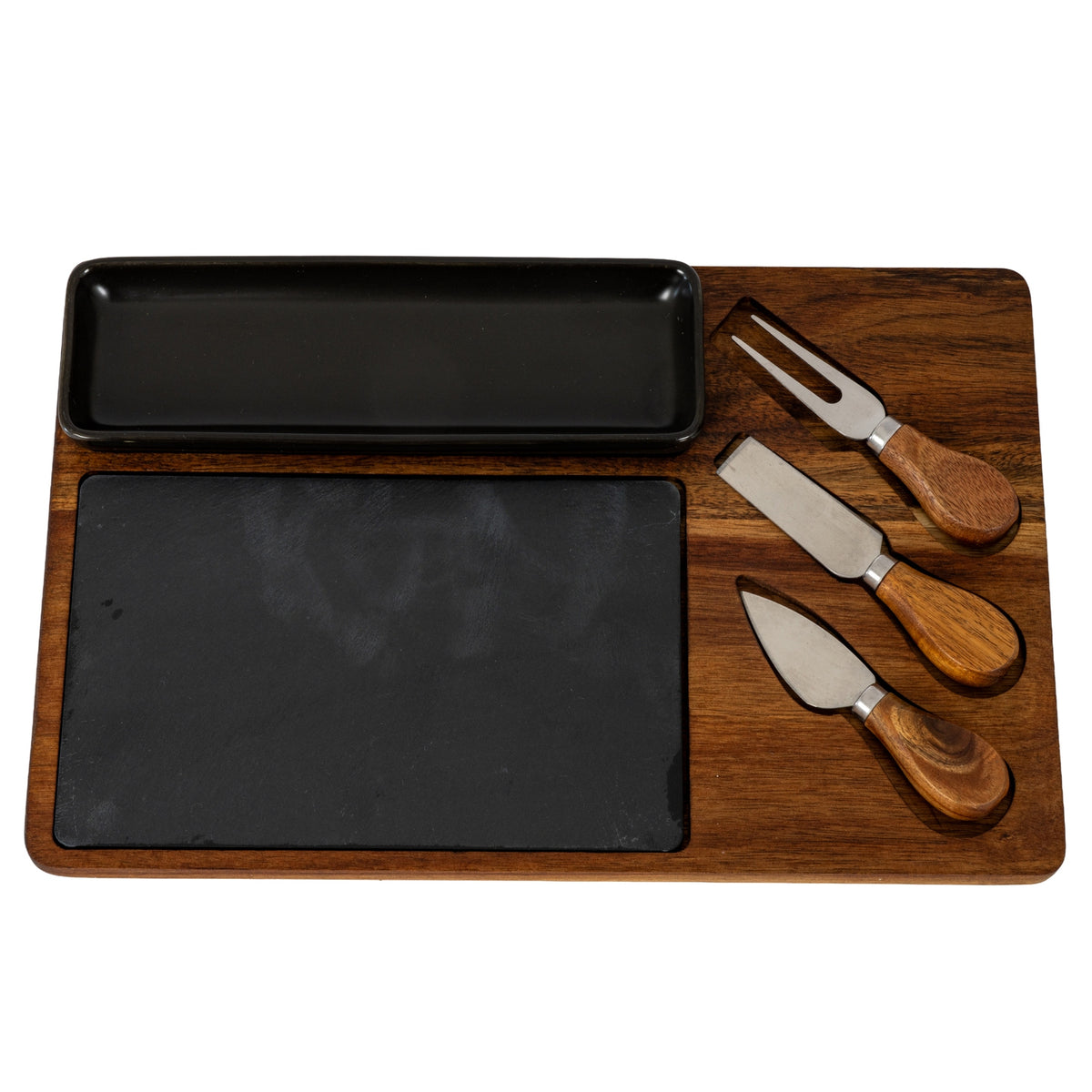 Acacia Cheese Board Set With Black Bowl, Slate and Cutlery - image 1