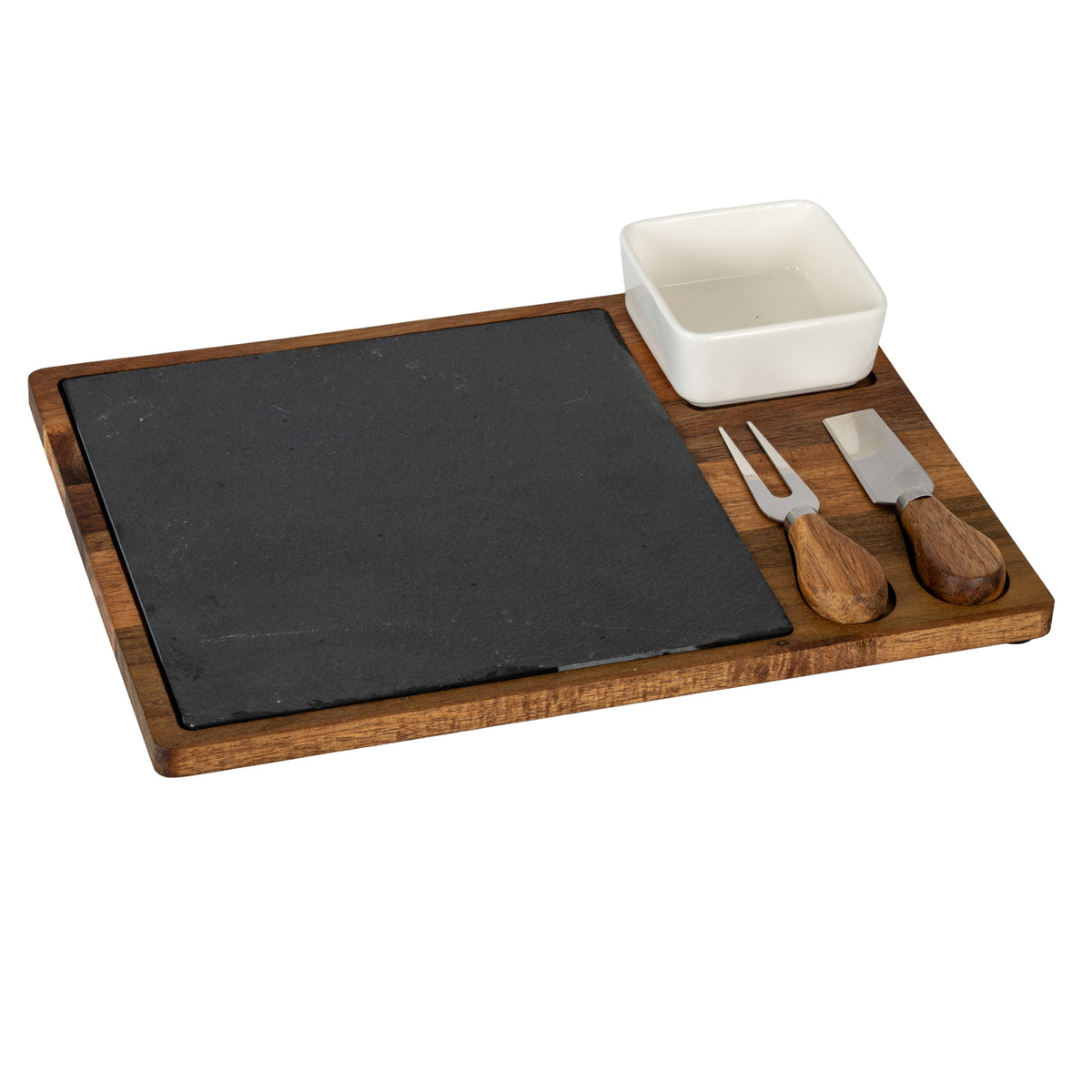 Acacia Cheese Board Set With White Bowl, Slate and Cutlery - image 1