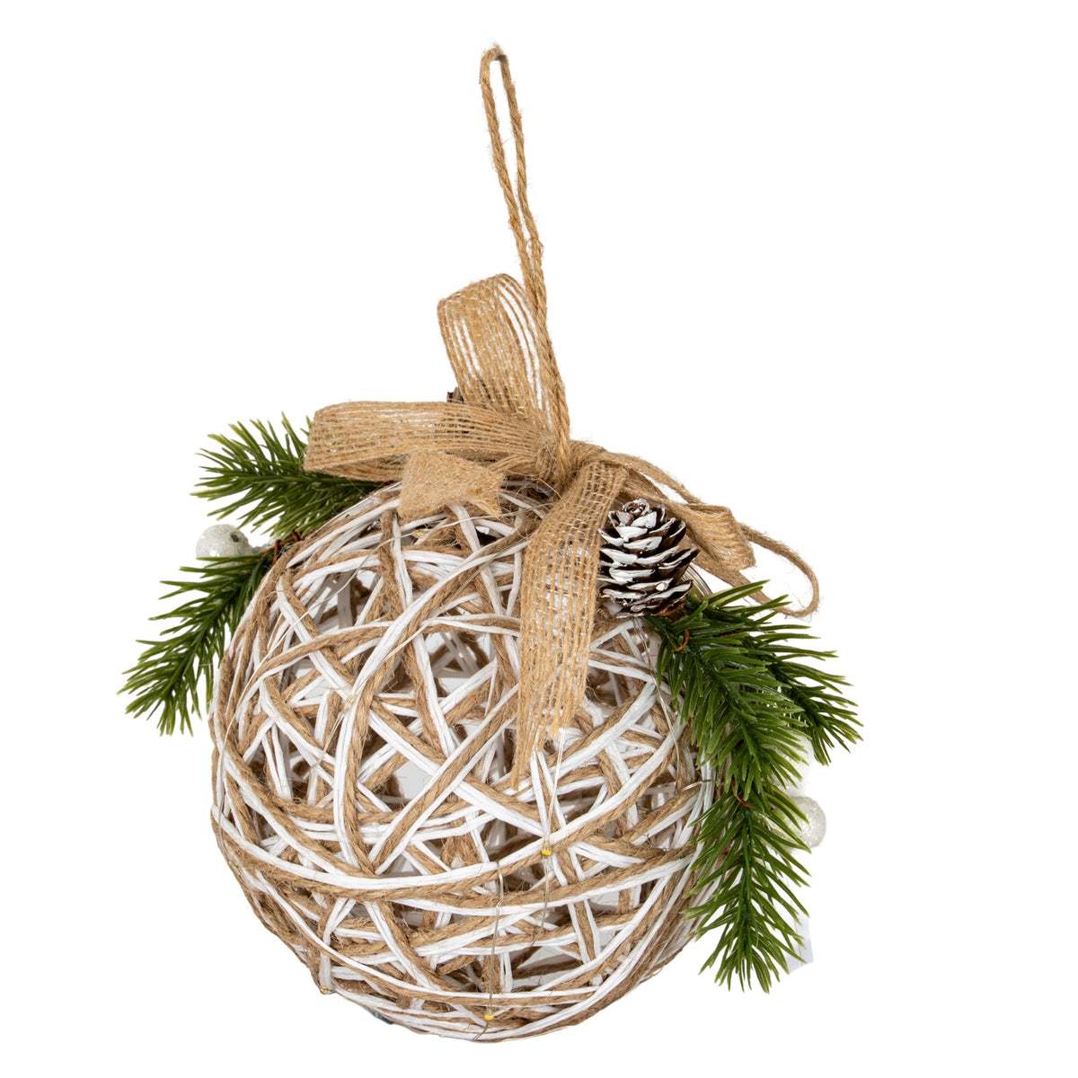 Small LED White Rattan Bauble With Branches And Ribbon - image 1