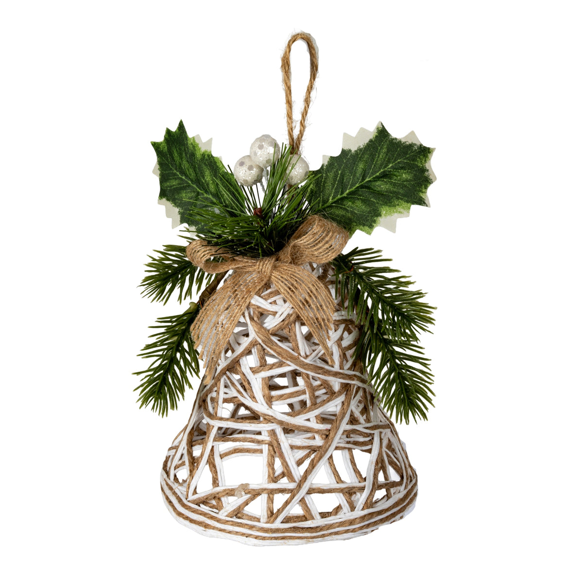 White Rattan Bell Decoration With Branches And Ribbon - image 1
